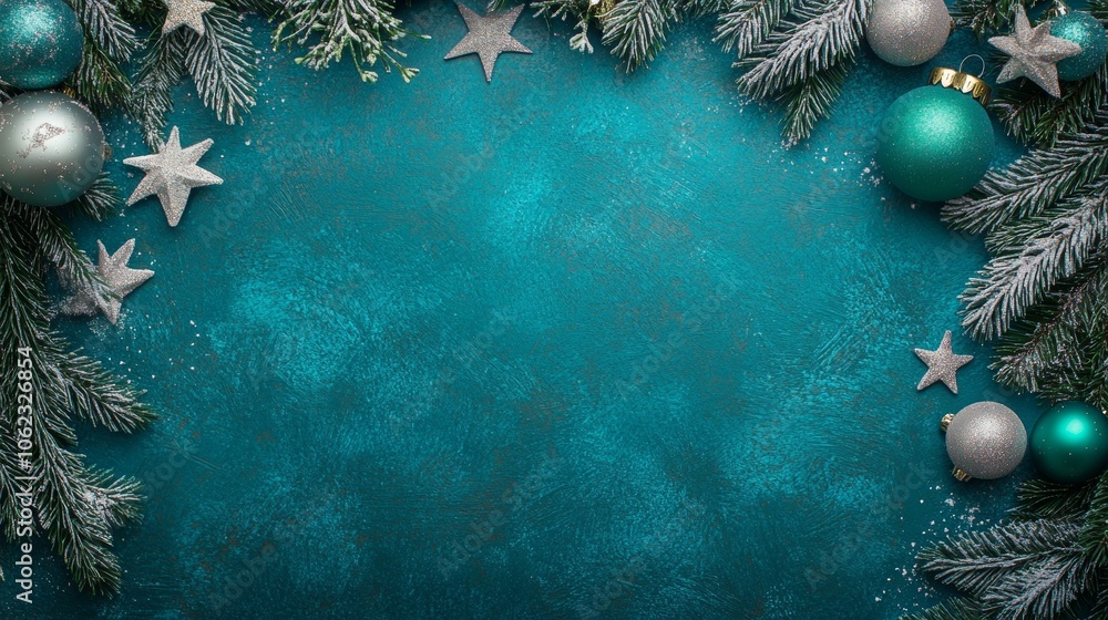Christmas background with decorations along the edges. Christmas tree branches, gold glitter balls, stars, and garland. Flat lay, top view on a dark background with copy space. Christmas background with decorations along the edges. Christmas tree branches, gold glitter balls, stars, and garland. Flat lay, top view on a dark background with copy space.