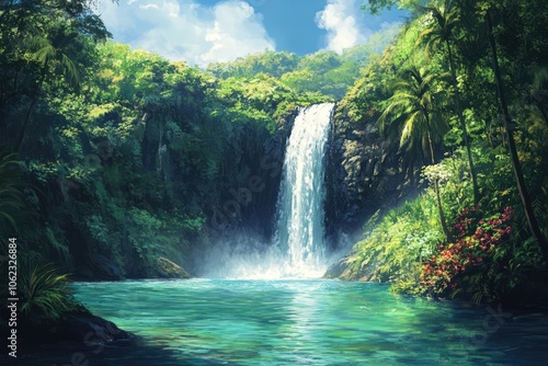 Secluded waterfall cascading into a lush green pool, surrounded by dense jungle and vibrant tropical flora