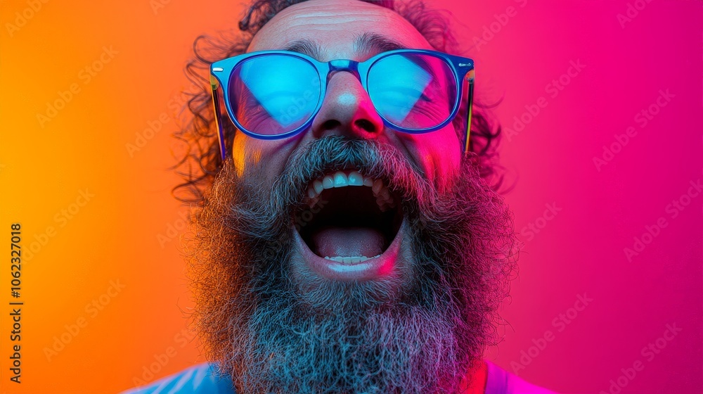 Excited bearded man celebrating a huge success in a colorful expression Excited bearded man celebrating a huge success in a colorful expression