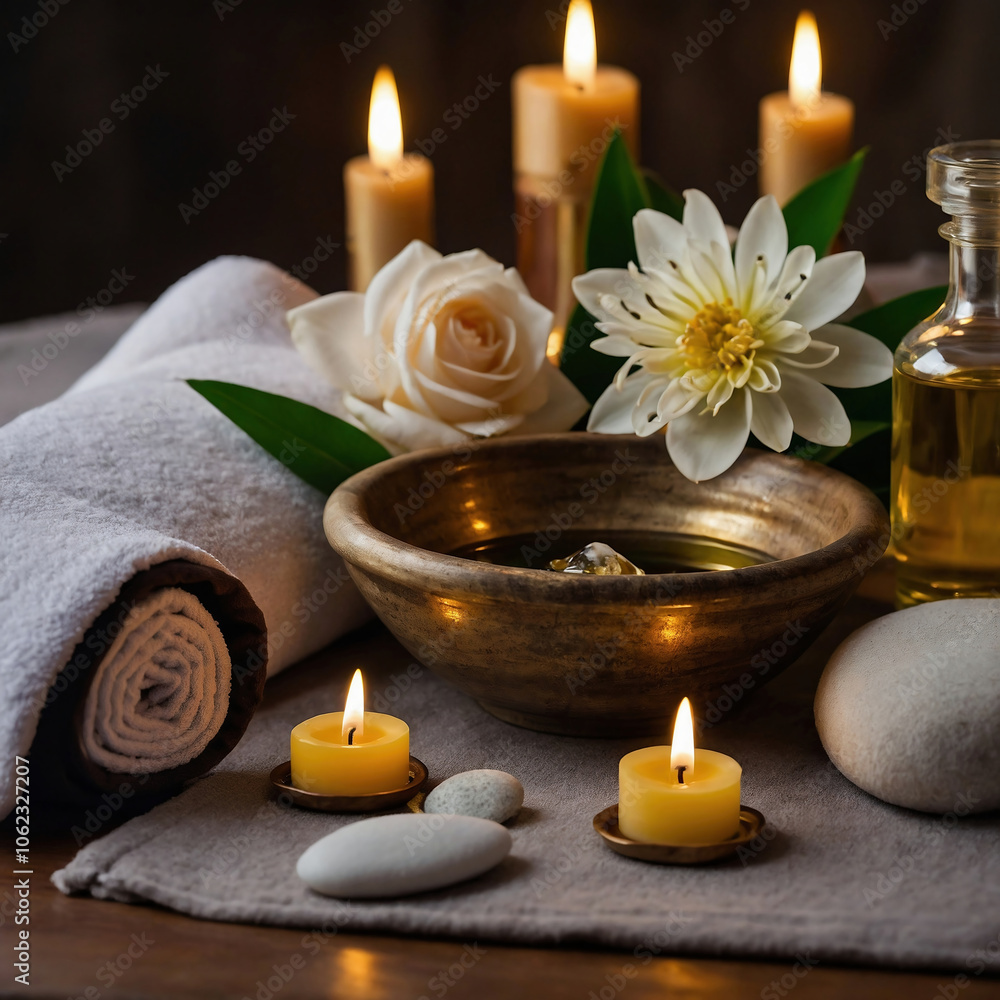 Elegant Spa Setting with Aromatherapy Candles and Flowers for Ultimate Relaxation Elegant Spa Setting with Aromatherapy Candles and Flowers for Ultimate Relaxation