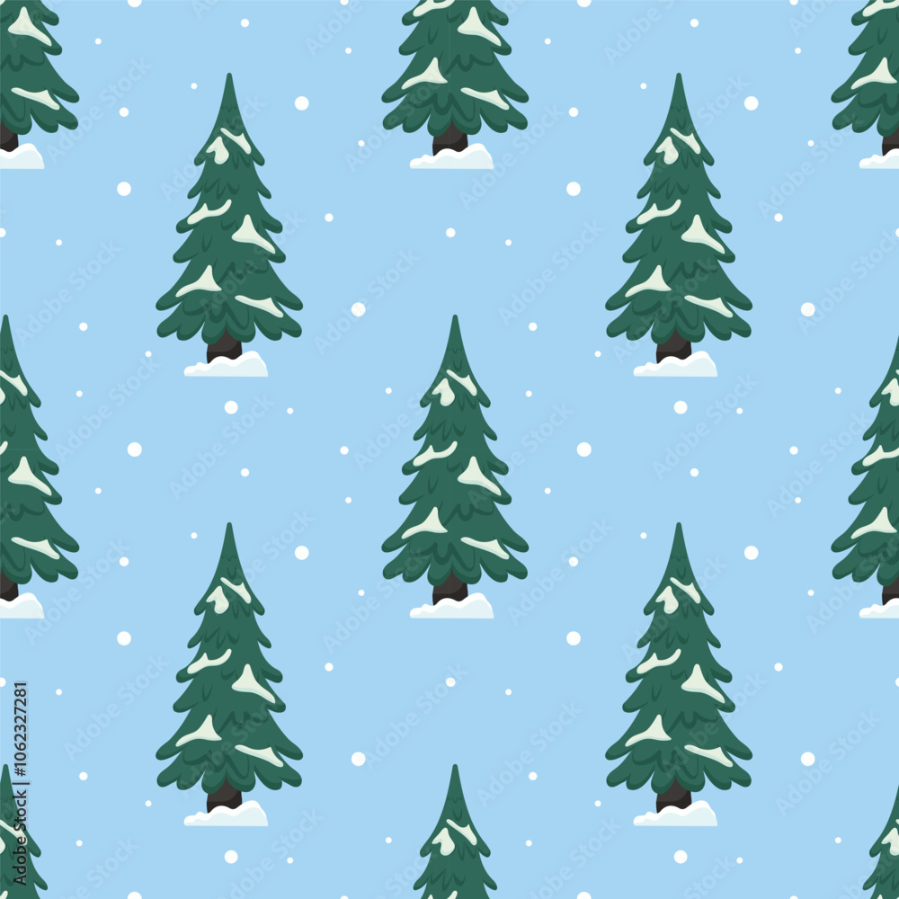 Obraz premium Winter pattern featuring snow-covered evergreen trees on a light blue background