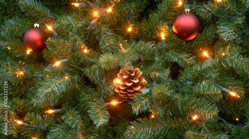 A close-up photo of a Christmas tree outdoors. The tree is decorated with lights and has fir branches framing the shot. There is a copy space on the right side of the photo. photo