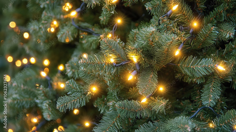 A close-up photo of a Christmas tree outdoors. The tree is decorated with lights and has fir branches framing the shot. There is a copy space on the right side of the photo. A close-up photo of a Christmas tree outdoors. The tree is decorated with lights and has fir branches framing the shot. There is a copy space on the right side of the photo.