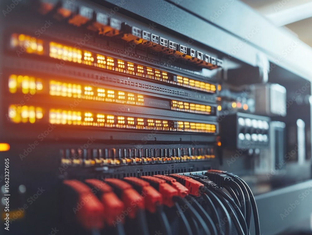 A server room featuring illuminated network switches with connected wires. The glowing lights on the equipment highlight a modern technological setting. A server room featuring illuminated network switches with connected wires. The glowing lights on the equipment highlight a modern technological setting.