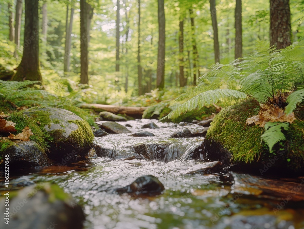 A serene forest stream gently flows over moss-covered rocks, surrounded by vibrant green ferns and trees. Sunlight filters through the lush canopy above. A serene forest stream gently flows over moss-covered rocks, surrounded by vibrant green ferns and trees. Sunlight filters through the lush canopy above.
