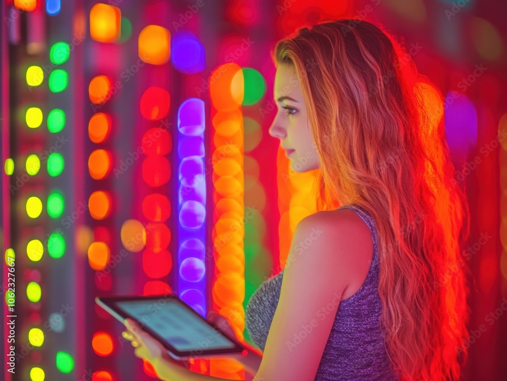 A young woman with long hair holds a tablet in a vibrant, colorful setting with glowing lights. The atmosphere is modern and digital. A young woman with long hair holds a tablet in a vibrant, colorful setting with glowing lights. The atmosphere is modern and digital.