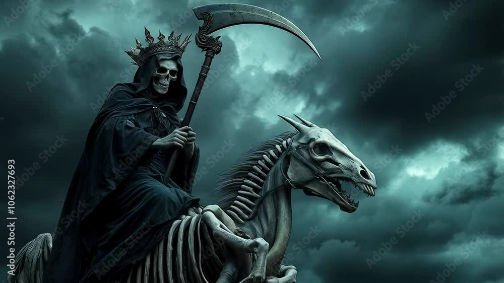A dark, ominous scene features a cloaked figure wearing a crown and holding a large scythe. The figure rides a skeletal horse under stormy clouds, evoking themes of death, power, and the supernatural. A dark, ominous scene features a cloaked figure wearing a crown and holding a large scythe. The figure rides a skeletal horse under stormy clouds, evoking themes of death, power, and the supernatural.