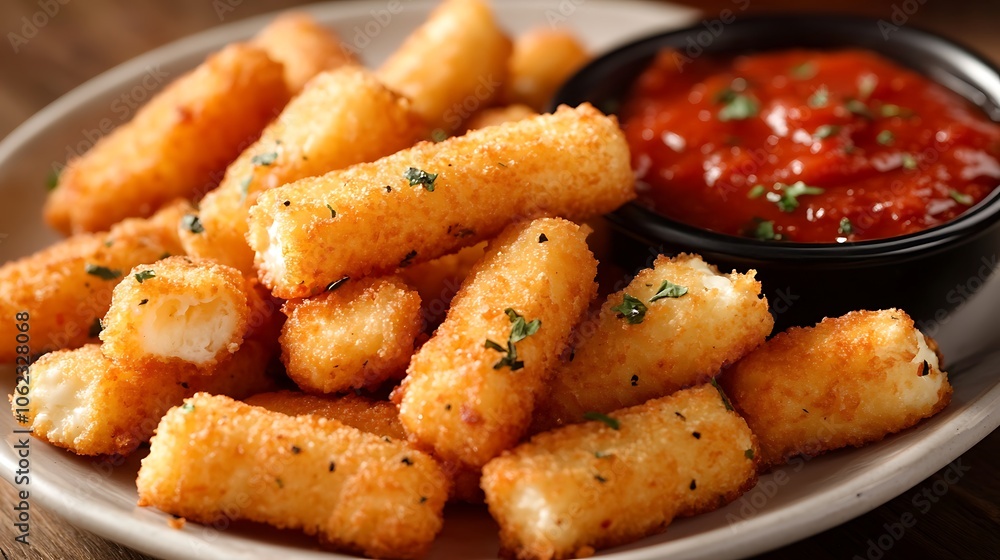 Crispy mozzarella sticks with marinara sauce ready for delicious dipping
Crispy mozzarella sticks with marinara sauce ready for delicious dipping