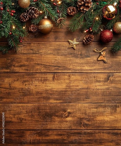 Christmas background with decorations along the edges. Christmas tree branches, gold glitter balls, stars, and garland. Flat lay, top view on a dark background with copy space.