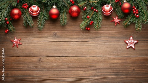 Christmas background with decorations along the edges. Christmas tree branches, gold glitter balls, stars, and garland. Flat lay, top view on a dark background with copy space.