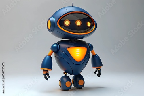 Friendly blue and orange robot with a sleek design and glowing eyes, standing in a neutral space, symbolizing advanced technology, innovation, and a playful approach to robotics