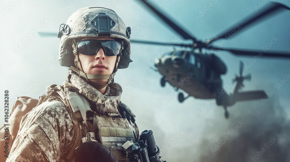 Portrait of a military man, commando in full tactical gear and helmet, holding a rifle against the backdrop of a helicopter flying in the sky with copy space. Portrait of a military man, commando in full tactical gear and helmet, holding a rifle against the backdrop of a helicopter flying in the sky with copy space.