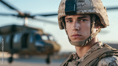 Young male soldier in desert camouflage and tactical helmet standing in front of a helicopter, exuding determination and readiness for a military mission