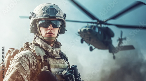 Portrait of a military man, commando in full tactical gear and helmet, holding a rifle against the backdrop of a helicopter flying in the sky with copy space. photo