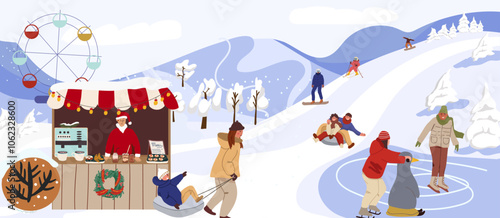 Winter snow park. People having fun, sliding down slide on inflatable sled, tubing, snowboarding, skiing, kiosk vending, Santa. Vector illustration hand drawn art