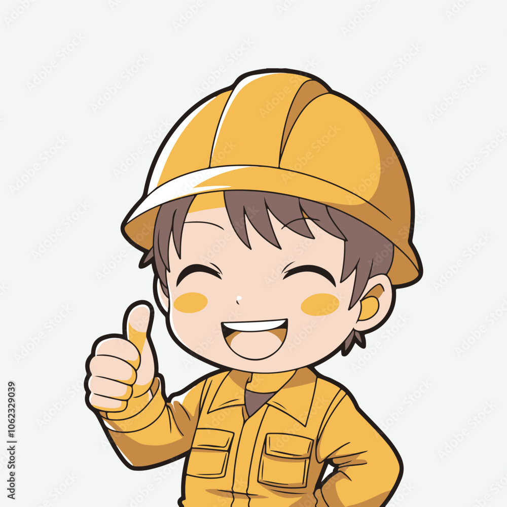 anime chibi cartoon boy construction worker in yellow helmet and uniform smiling and showing thumb up, isolated on white background anime chibi cartoon boy construction worker in yellow helmet and uniform smiling and showing thumb up, isolated on white background