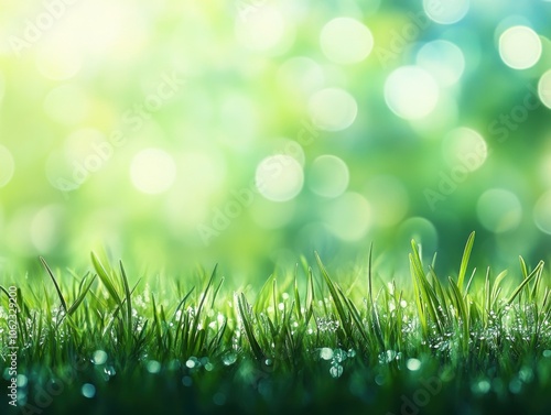 A beautiful sunny spring meadow with vibrant green grass and a soft bokeh background, capturing the essence of a peaceful, bright day.