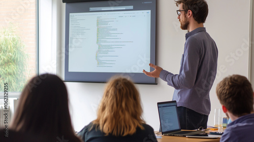 A software engineer presenting their code on a screen in a meeting