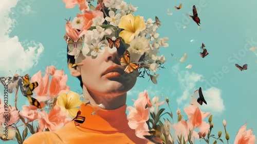 Portrait with flowers and butterfly headpiece. Surreal digital collage. Design for poster, banner, print. Spring beauty and nature concept