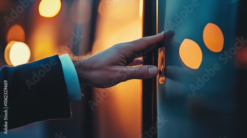 A businessman hand on a car door, representing travel, professional chauffeur services, and luxury transportation.  photo