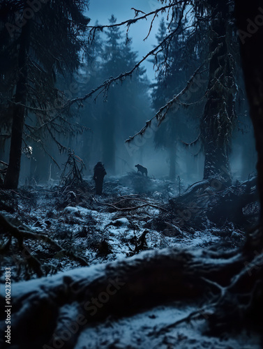 In a dimly lit forest at dusk, a solitary person stands among snow-laden ground and towering trees, while a wild animal approaches through the mist.