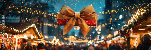 Giant Present Bow Floating Above a Festive Holiday Market, Twinkling with Lights and Tinsel  photo