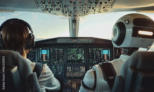 Collaboration between a human pilot and a robot copilot unfolds in the cockpit, with both operating the airplane's controls and instruments together photo