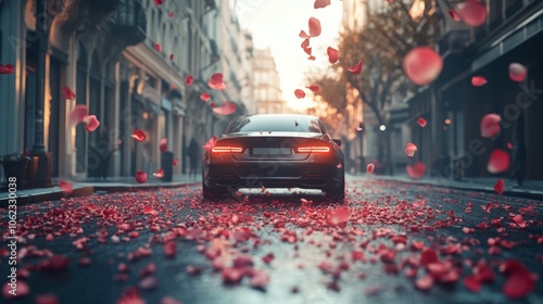 A car driving down a city street, with rose petals covering the ground and floating in the air, giving a realistic, dreamy effect.  photo