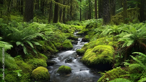 Serene forest scene with a gentle stream flowing through, surrounded by lush green moss and ferns