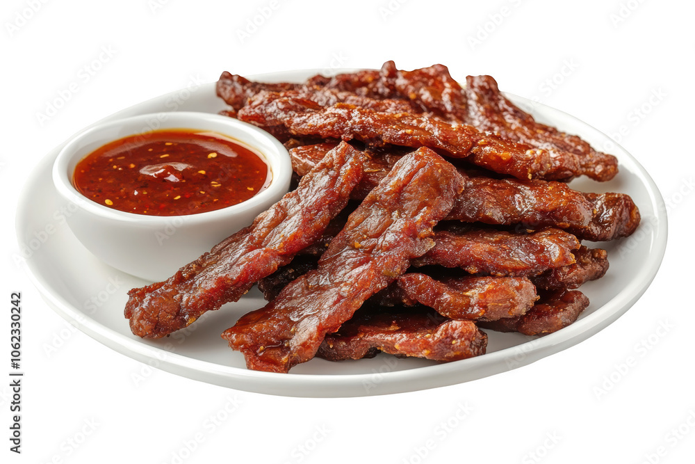 Thai Pork Jerky Moo Dad Deaw with dipping sauce, PNG isolated on transparent background, white background. Thai Pork Jerky Moo Dad Deaw with dipping sauce, PNG isolated on transparent background, white background.
