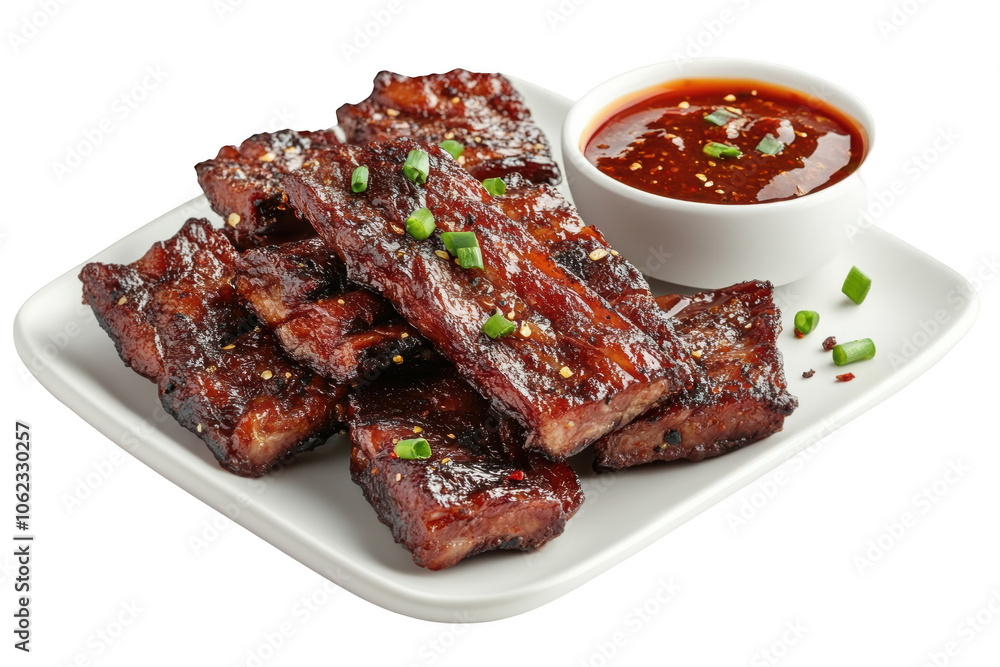 Thai Pork Jerky Moo Dad Deaw with dipping sauce, PNG isolated on transparent background, white background. Thai Pork Jerky Moo Dad Deaw with dipping sauce, PNG isolated on transparent background, white background.