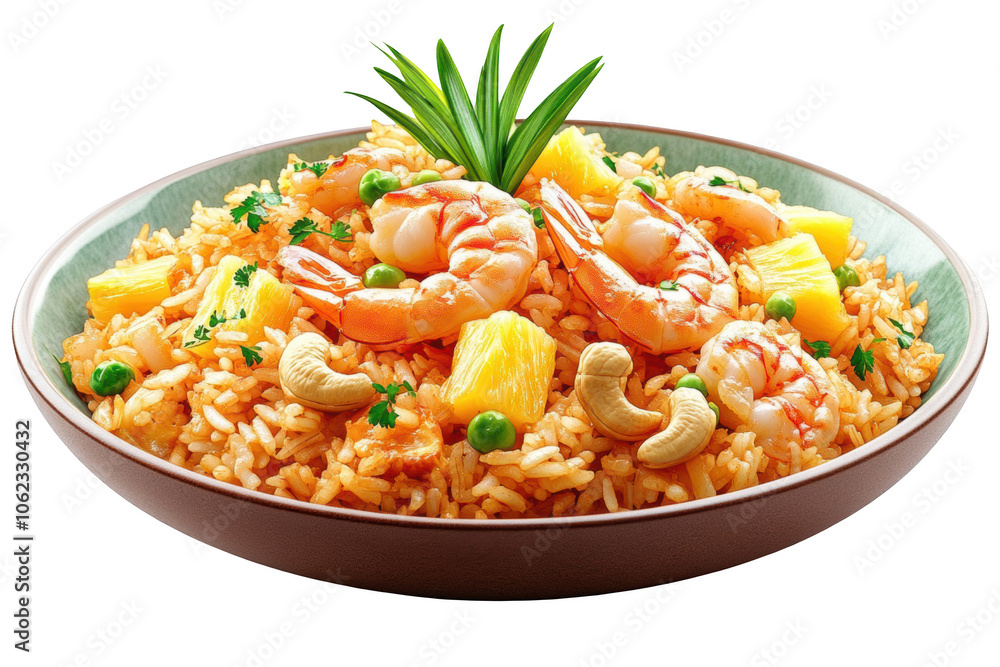 Thai Pineapple Fried Rice with cashews and shrimp, PNG isolated on transparent background, white background. Thai Pineapple Fried Rice with cashews and shrimp, PNG isolated on transparent background, white background.
