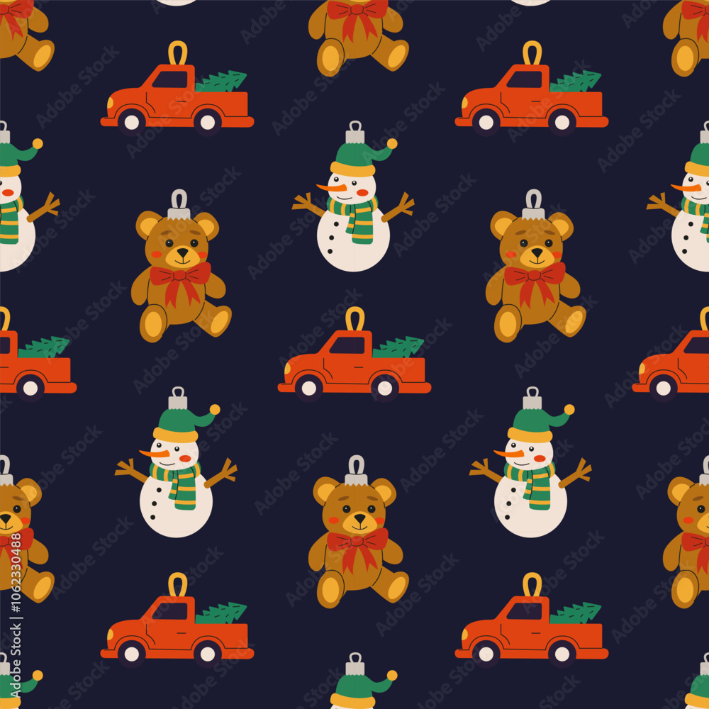 Colorful holiday pattern featuring teddy bears, snowmen, and red trucks on a dark background Colorful holiday pattern featuring teddy bears, snowmen, and red trucks on a dark background
