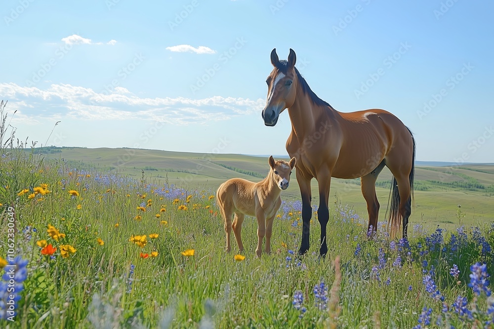 Young foal in open field, enjoying rural landscape Young foal in open field, enjoying rural landscape