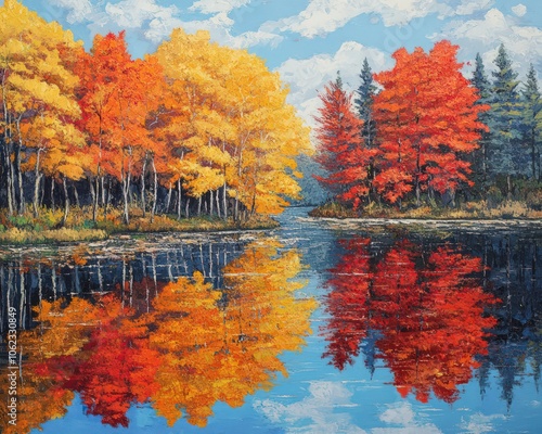 Serene lake surrounded by autumn trees, their vibrant leaves reflected perfectly on the watera??s calm surface photo