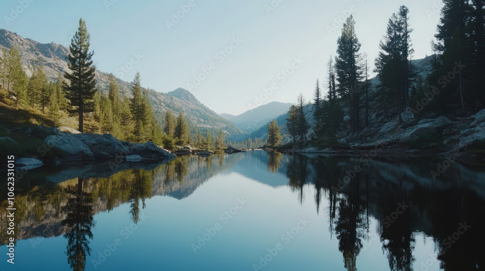 Serene mountain lake reflecting a crystal-clear sky and towering pines along its edge Serene mountain lake reflecting a crystal-clear sky and towering pines along its edge