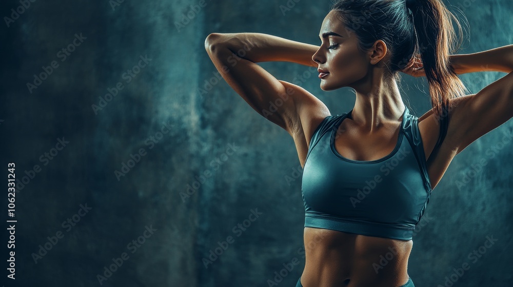 Fototapeta premium A fit woman in sportswear doing side stretches, promoting fitness and wellness, in a dark shadowed background.