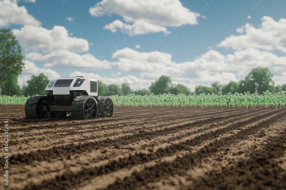 Robot planter sowing seeds in a wide, well-prepared field Robot planter sowing seeds in a wide, well-prepared field