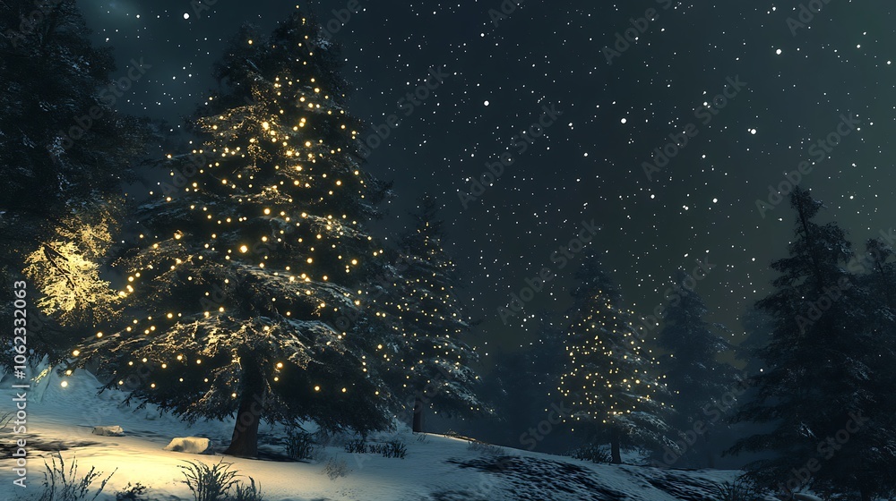 Fototapeta premium Snow-covered pine trees with twinkling fairy lights against a starry night sky
