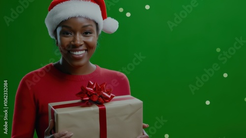 A smiling woman wears a Santa hat while holding a beautifully wrapped gift during a festive Christmas celebration at home