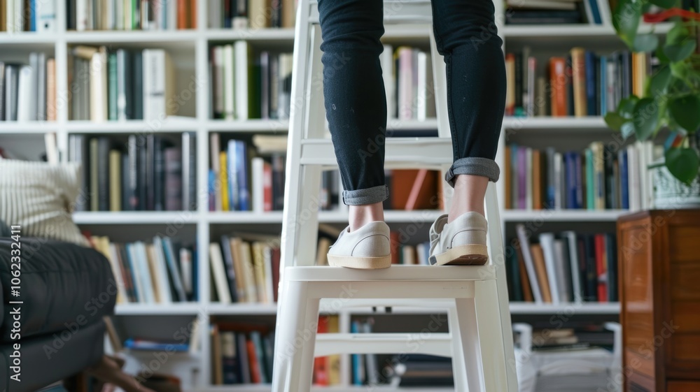 Person climbing ladder to reach bookshelf in cozy library setting,Library Shelfie Day Person climbing ladder to reach bookshelf in cozy library setting,Library Shelfie Day