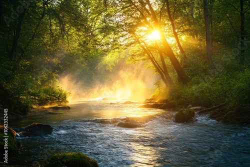 Serene river winding through a dense forest, with sun rays filtering through the trees and a soft mist rising from the water