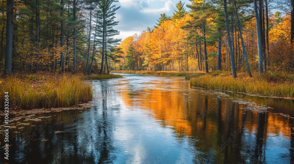Fototapeta premium Serene river winding through a forest tall pines, with the reflections autumn leaves shimmering on the water's surface