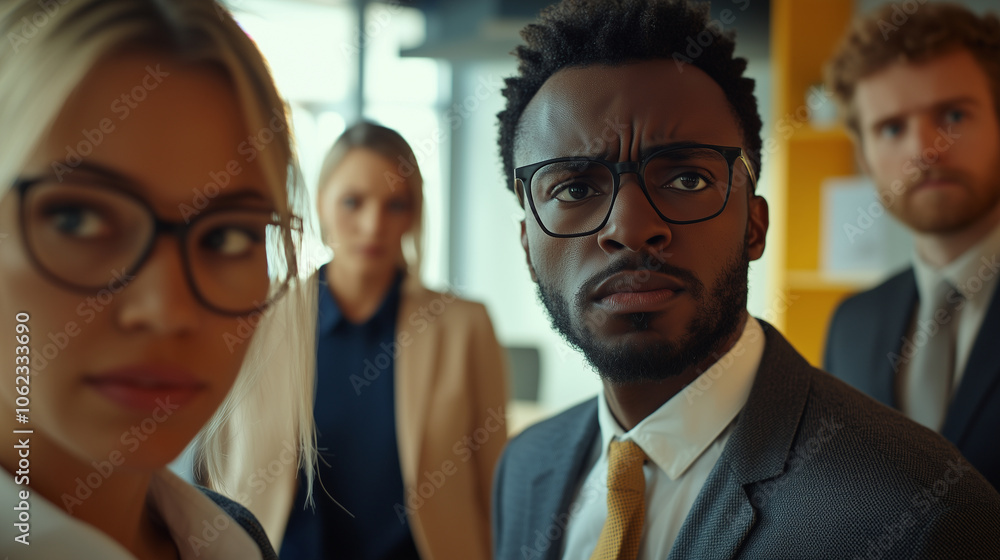 An office environment with visible tension, showing tense faces and worried expressions An office environment with visible tension, showing tense faces and worried expressions