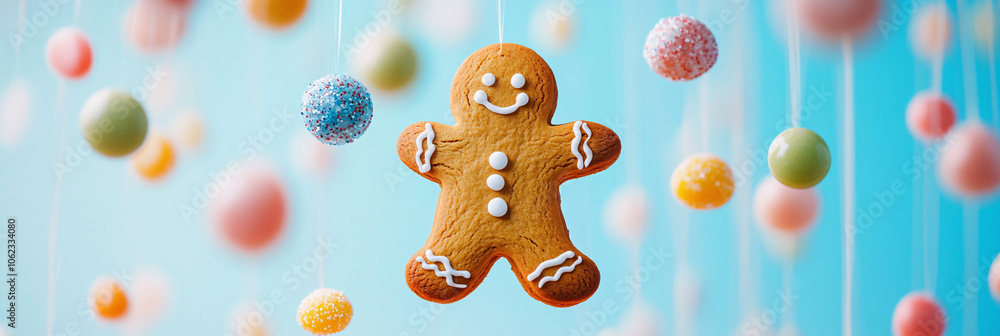 Naklejka premium Gingerbread Man Floating in Mid-Air, Surrounded by Icing and Gumdrop Decorations Suspended Around Him 