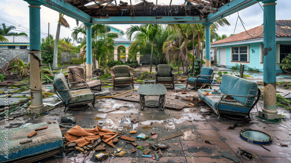 Fototapeta premium A destroyed veranda with damaged furniture and debris against a backdrop of tropical plants after a storm.