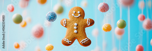 Gingerbread Man Floating in Mid-Air, Surrounded by Icing and Gumdrop Decorations Suspended Around Him 