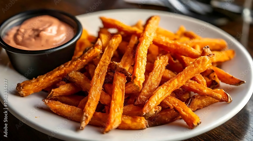 A plate of crispy sweet potato fries served with a side of chipotle mayo A plate of crispy sweet potato fries served with a side of chipotle mayo