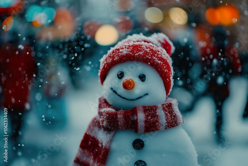 Cheerful snowman in a red hat and scarf in winter