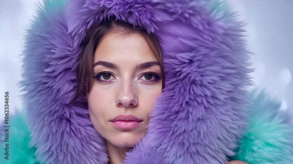 Serene woman wrapped in luxurious purple fur hoodie Serene woman wrapped in luxurious purple fur hoodie